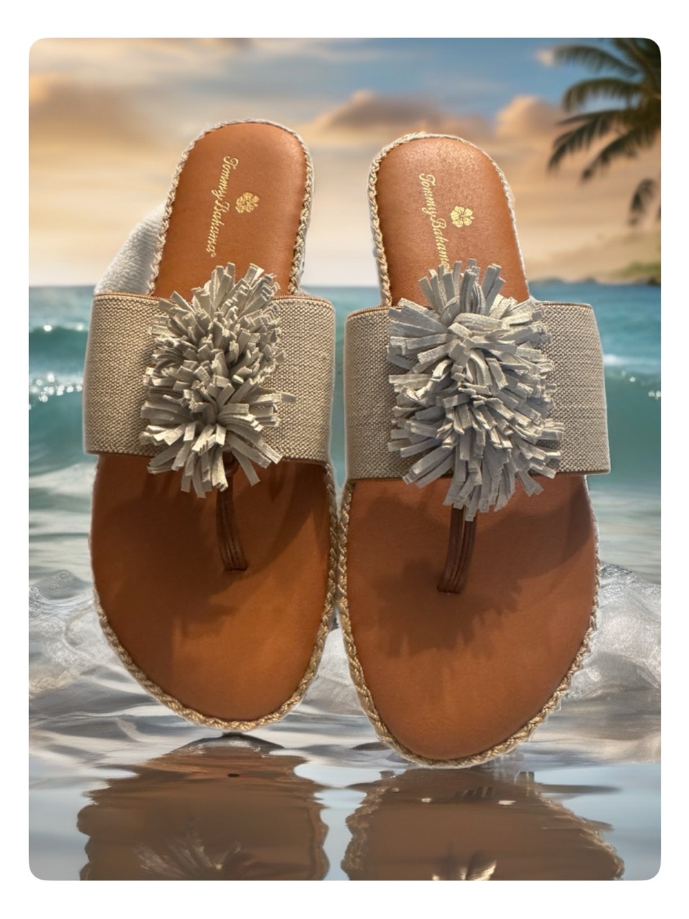Tommy Bahama Tan Slide Sandals with Cream Pompom Accent